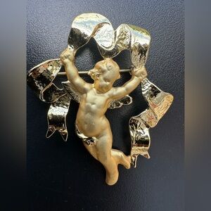 Vintage Matte Gold Cherub Angel Holding Ribbon Banner Brooch